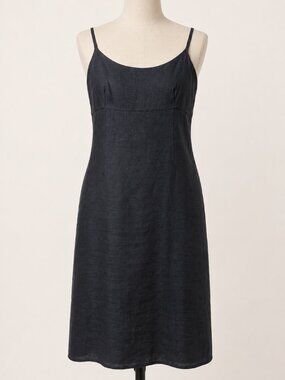 Y2K LOGIC Women’s Black 100% Linen Slip Dress Minimalist Midi Size 12